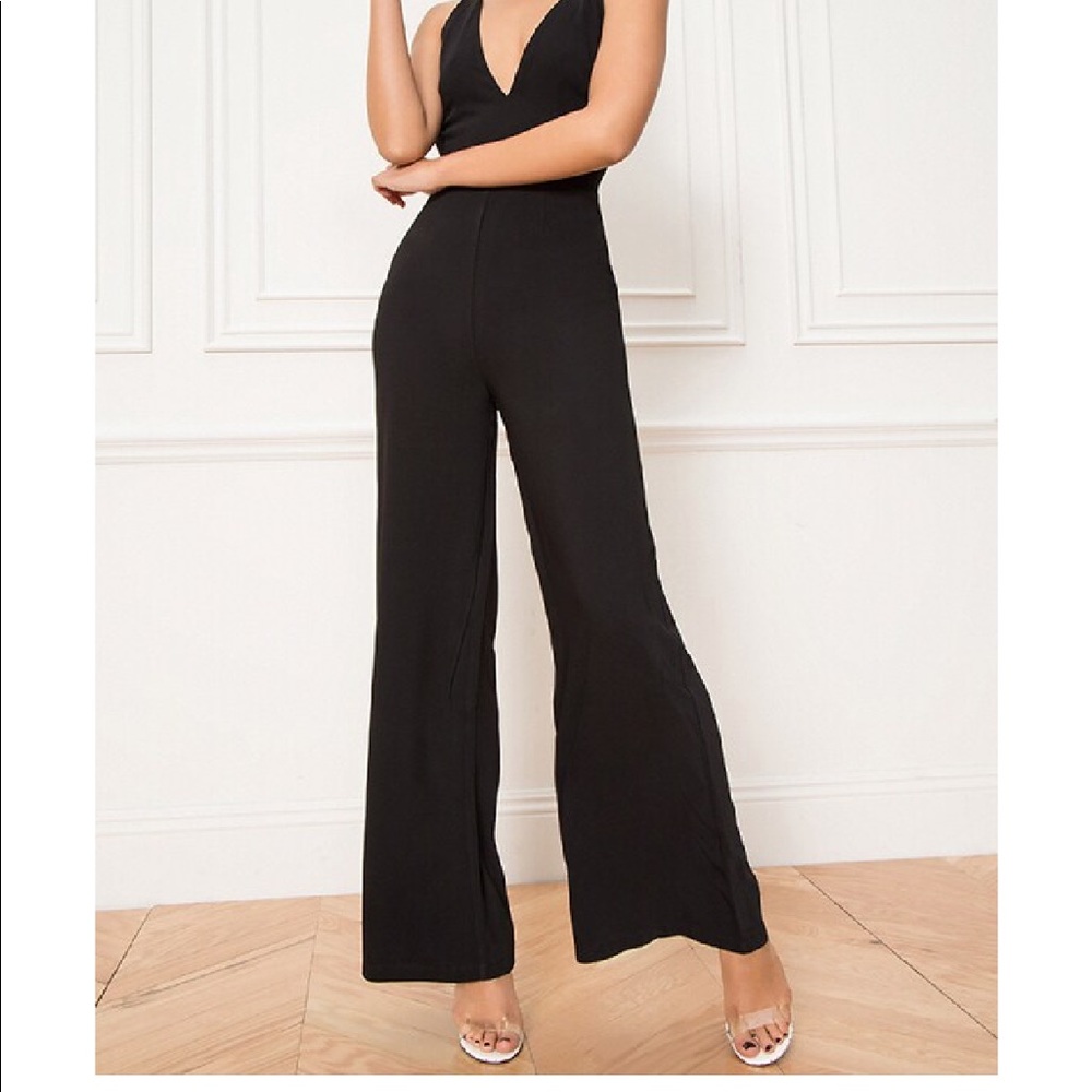 Super down carmela deep v wide leg backless jumpsuit